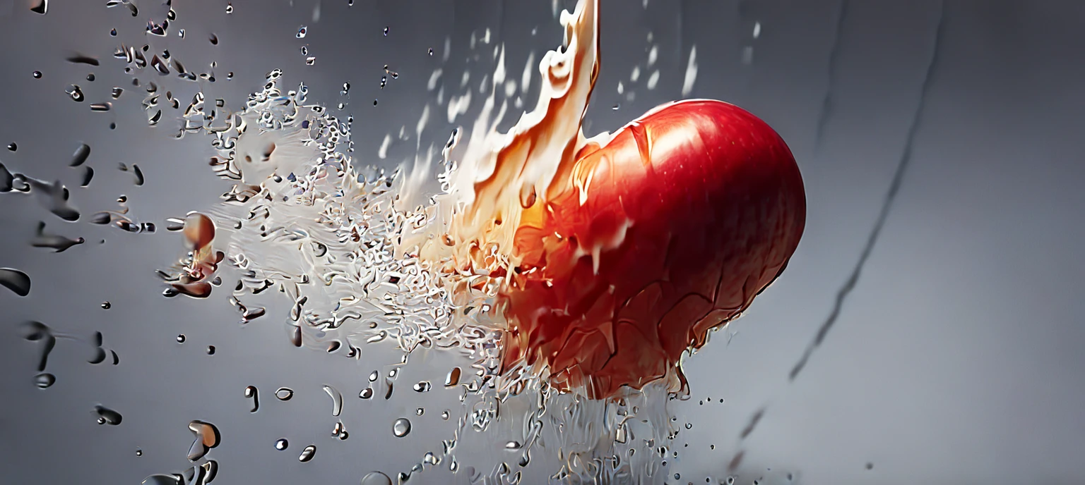 a close up of a red apple with water splashing off it, slow - mo high speed photography, high speed photography, super high speed photography, professional fruit photography, red apple, 4 k hd wallpapear, splashing, water splashing, super slowmotion, profile pic, simulation of water splashes, pouring, product photography 4 k, water particules