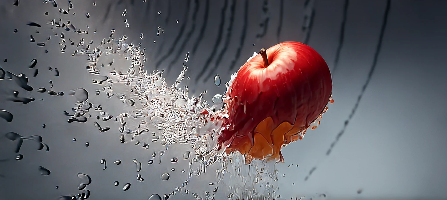 a close up of a red apple with water splashing off it, slow - mo high speed photography, high speed photography, super high speed photography, professional fruit photography, red apple, 4 k hd wallpapear, splashing, water splashing, super slowmotion, profile pic, simulation of water splashes, pouring, product photography 4 k, water particules