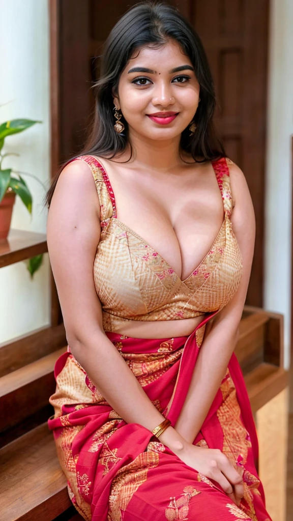 Indian woman masterpiece, best quality, ultra-detailed, (warm hue, warm tone: 1.2), wearing camisole , 20 years old, (((big tits1.8))),((Huge breasts 1.6)),(((Plump body 1.8))), (Indian instagram photo, wearing camisole closeup face photo of 23 y.o Chloe in kebaya, Red Lipstick, sensual Lipstick, Sensational Make Up, huge cleavage, huge breasts pale skin, (smile:0.4), hard shadows, White G-STRING, bright lighting