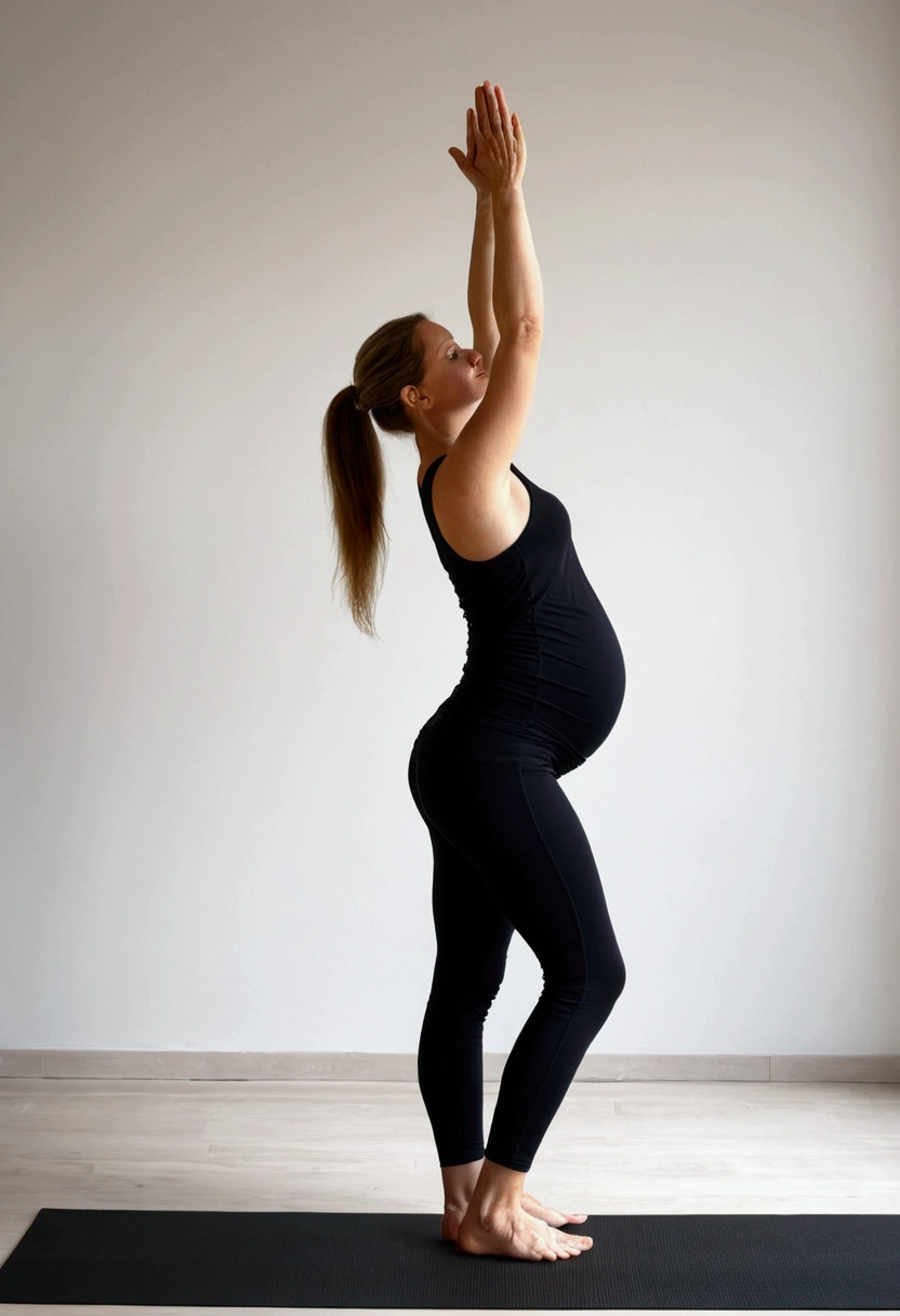 Yoga prenatal, Mountain Pose (Tadasana), photo superrealista, focus on full body yoga posture, a young woman between 24 to 27 years old pregnant in a black top and black pants, standing confidently and elegantly on a minimalist flat surface of white wall and black mat explaining Step 1 of Prenatal Yoga, Mountain Pose (Tadasana):“With feet together or slightly apart, distributing weight evenly". The posture is relaxed and natural, full front body concentrated in the posture, in prenatal yoga pose, with a touch of confident action in the style of Alina Ivanchenko and Anna Nikonova.