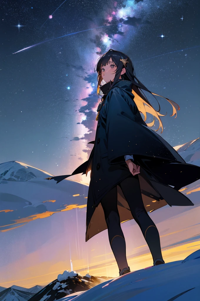 Beautiful girl, At the top of the mountain, Night view, Night Sky, Starry Sky, Asahi