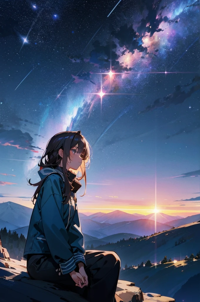 Beautiful girl, At the top of the mountain, Night view, Night Sky, Starry Sky, Asahi