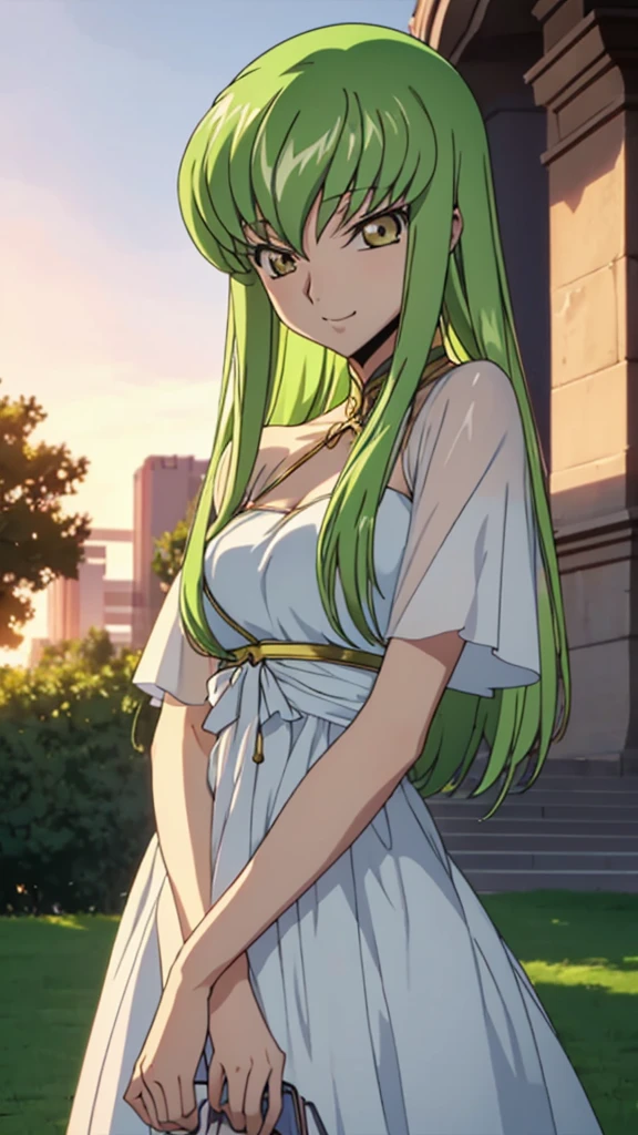 Score_9, score_8, score_7, code Geass_anime, C.C., lime hair and gold eyes, low bun hair, white long dress, smile, cute, park, dusk, best quality, masterpiece+