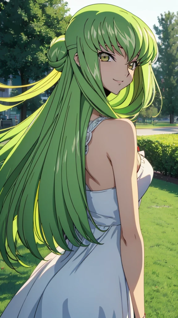 Score_9, score_8, score_7, code Geass_anime, C.C., lime hair and gold eyes, low bun hair, white long dress, smile, cute, park, dusk, best quality, masterpiece+
