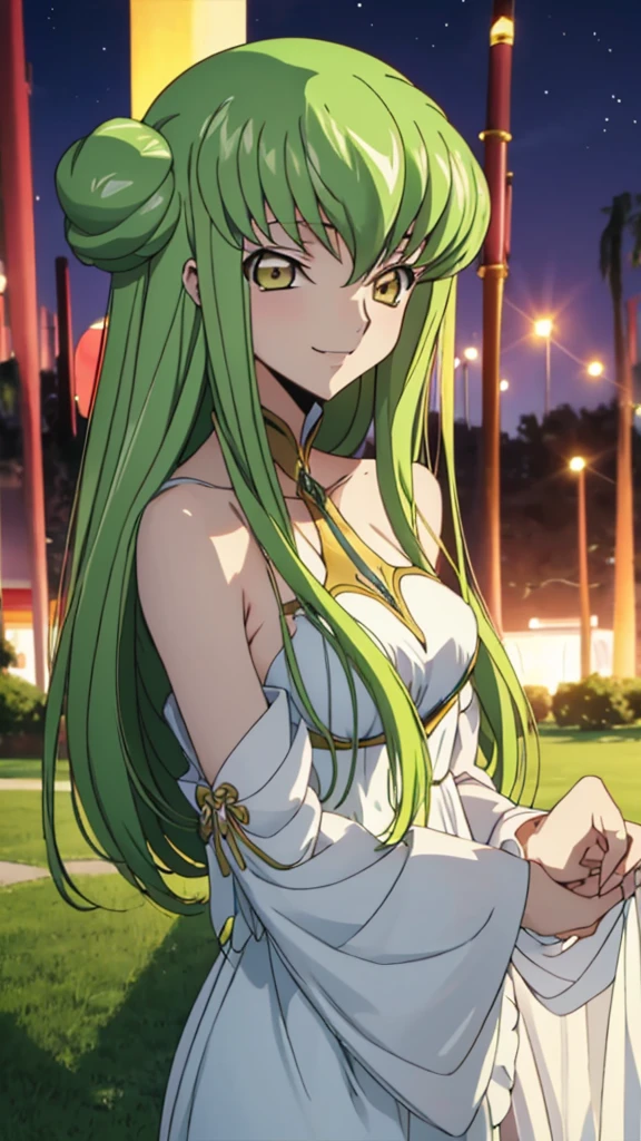 Score_9, score_8, score_7, code Geass_anime, C.C., lime hair and gold eyes, low bun hair, white long dress, smile, cute, park, dusk, best quality, masterpiece+