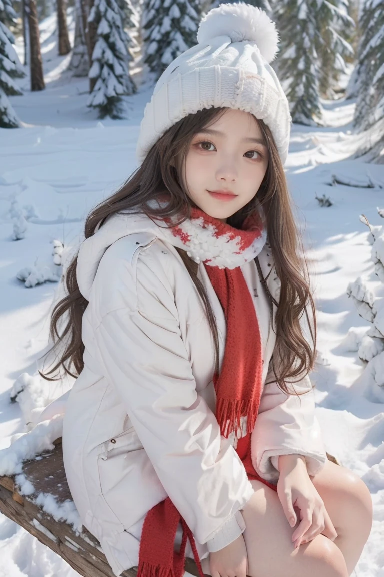 A beautiful girl,long hair slightly curly,Wearing a white cotton jacket,Wearing a red plush hat,wearing red scarf,(sitting on the snow), (sexy posed), There are pine forests on both sides of the snow field,In the distance is the house,medium shot,(top-bottom view), best quality, masterpiece, ultra high resolution