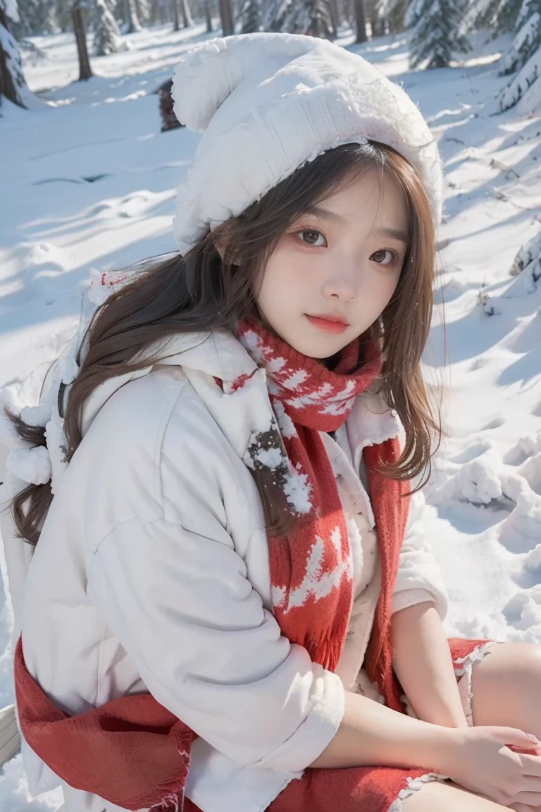 A beautiful girl,long hair slightly curly,Wearing a white cotton jacket,Wearing a red plush hat,wearing red scarf,(sitting on the snow), (sexy posed), There are pine forests on both sides of the snow field,In the distance is the house,medium shot,(top-bottom view), best quality, masterpiece, ultra high resolution