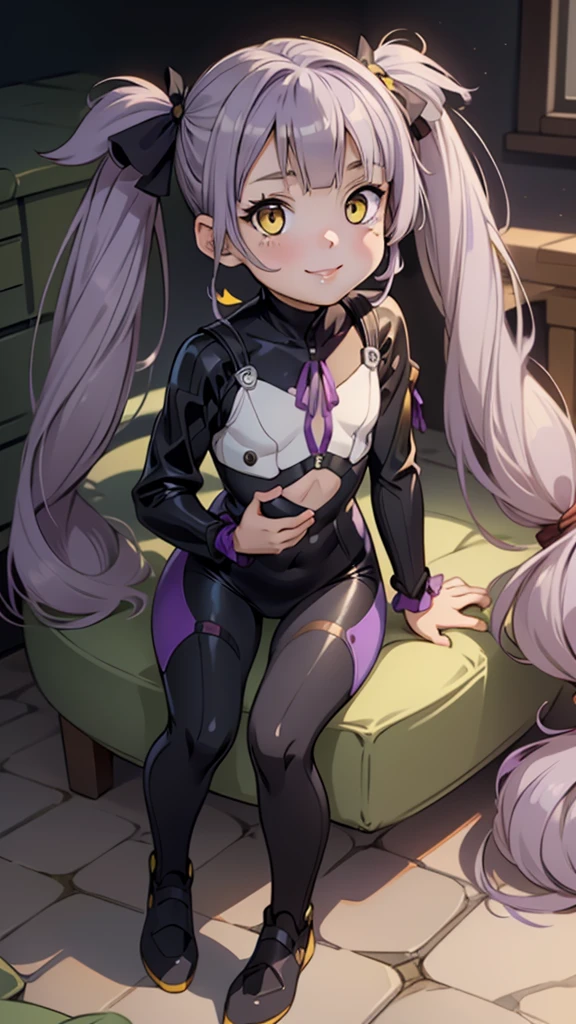 One girl,(((Young face))),((Short))、(((Round face)))、(((Yellow Eyes)))、(((Light purple hair)))、((Twin tails long enough to reach the ground))、(((long hair)))、(Black Ribbon),(smile),Red lips,Cute Face, Sitting,Wearing a full body suit,Black bodysuit,Shiny bodysuit ,Underbust, shirt, ((flat chest, Flat Stomach, )), (Vibrant colors),Ogasawara Hisame