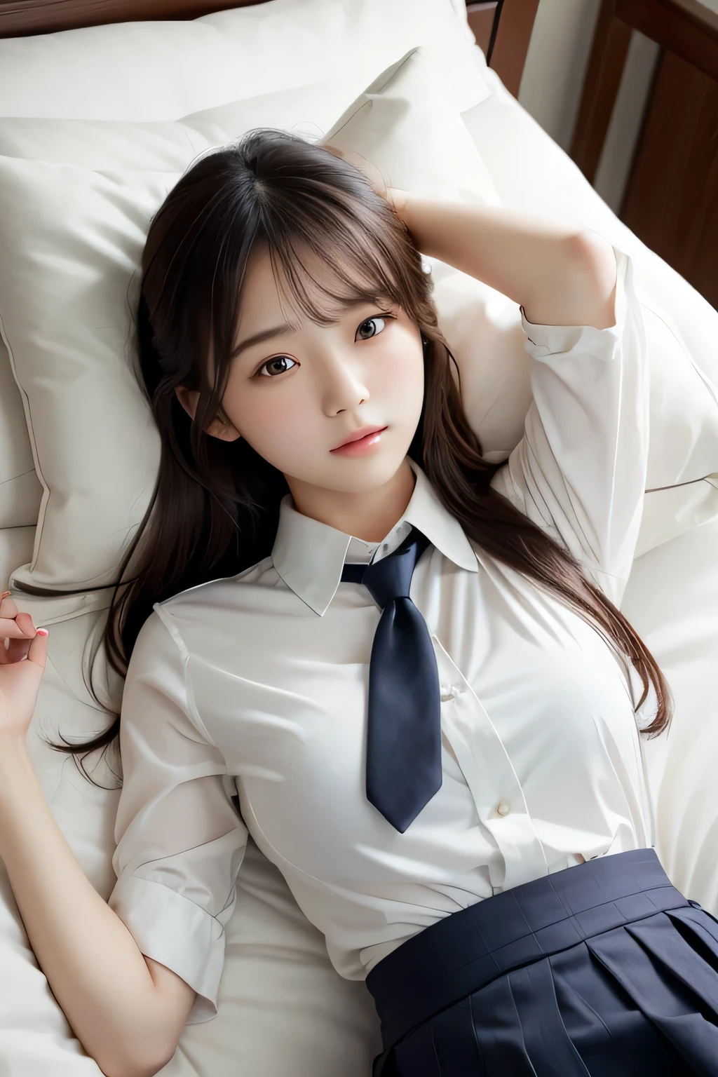 (masterpiece:1.2), super high quality, japanese girl, (super realistic), (super photographic style), 1girl, straight hair, (18 years old), large tits, (collared shirt), (necktie), (skirt), lying on her back on a bed, head on the pillows, ((legs spread)),