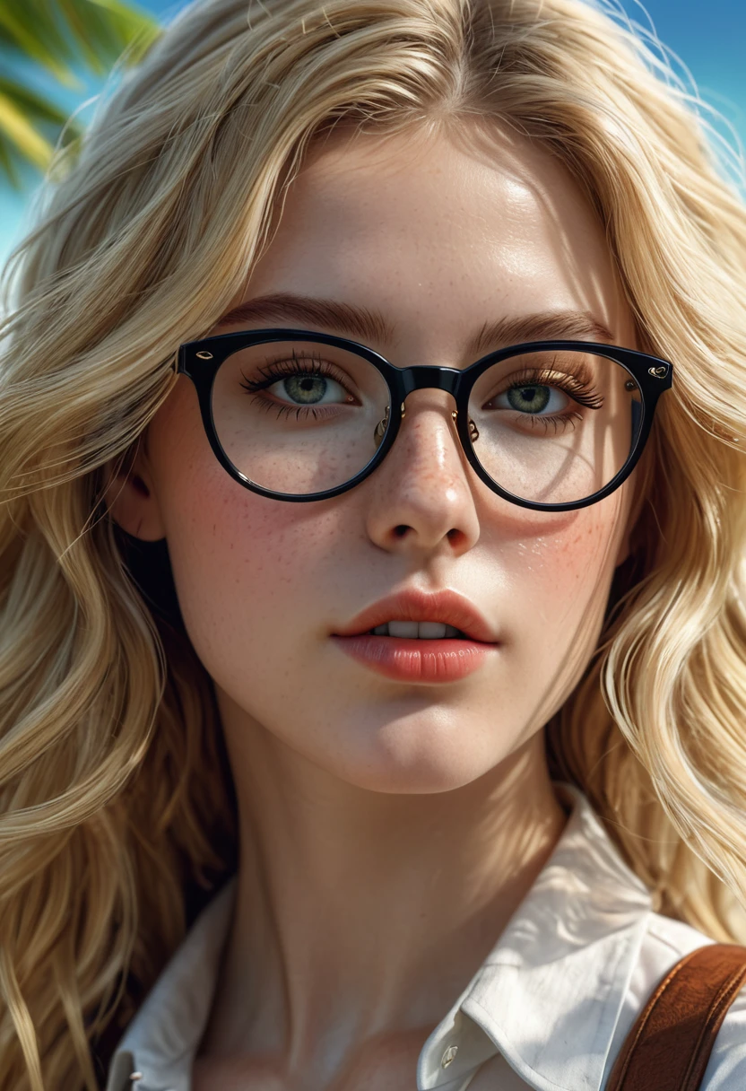 1 girl, bushy thick blonde hair, (pale white skin, slight freckles, beautifully detailed face, beautifully detailed eyes, beautifully detailed lips, black thick horn-rimmed glasses: 0.7), (highest quality, 4k, 8k, high resolution , Masterpiece: 1.2), Highly Detailed, (Realistic), Photorealistic: 1.37), HDR, UHD, Detailed Backgrounds, Glowing Particles Mystical Maldives