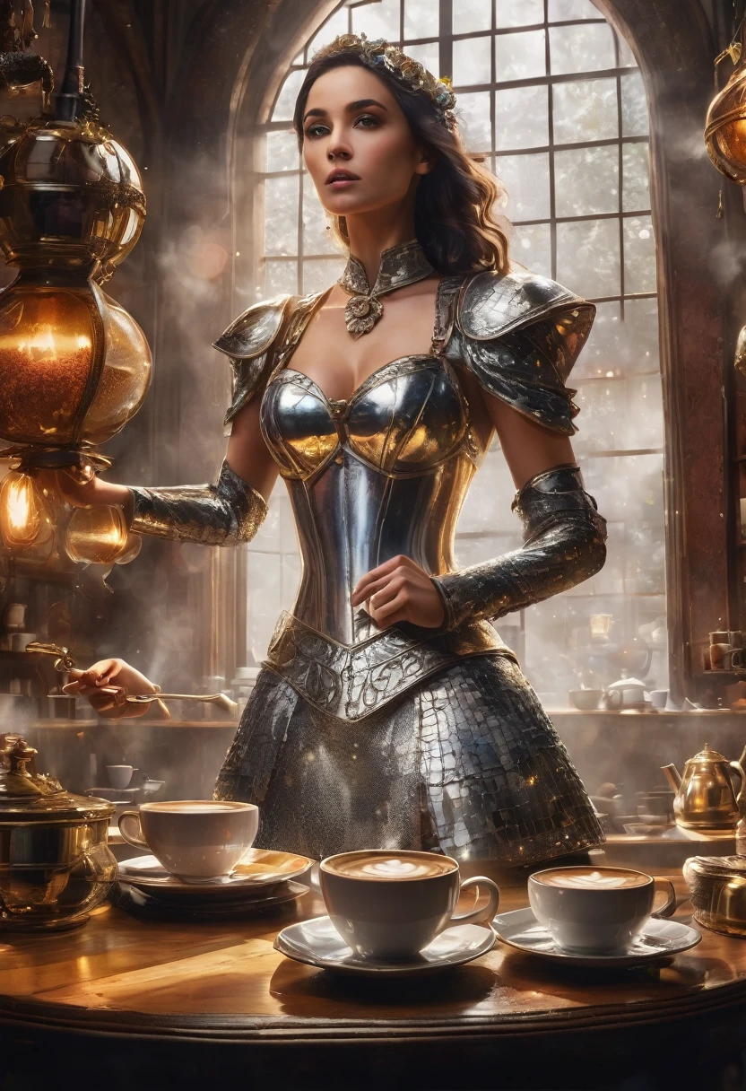 A captivating and surreal movie poster for "Coffee Quest" showcases a strong and alluring female protagonist. She dons a dazzling silver latex corset and chainmail skirt, exuding confidence as she wields a radiant magical bow adorned with enchanted poppy quivers. Her intense, sparkling eyes convey unwavering determination and courage. The cozy, mystical coffee shop in the background emanates warmth and comfort, with steaming coffee brewing, coffee beans scattered across the floor, and cups piled high. This imaginative blend of fantasy, humor, and adventure entices viewers to join the protagonist on a magical journey, filled with enchantment and delight, as they explore the enthralling world of "Coffee Quest" through stunning photo and portrait photography., portrait photography, photo