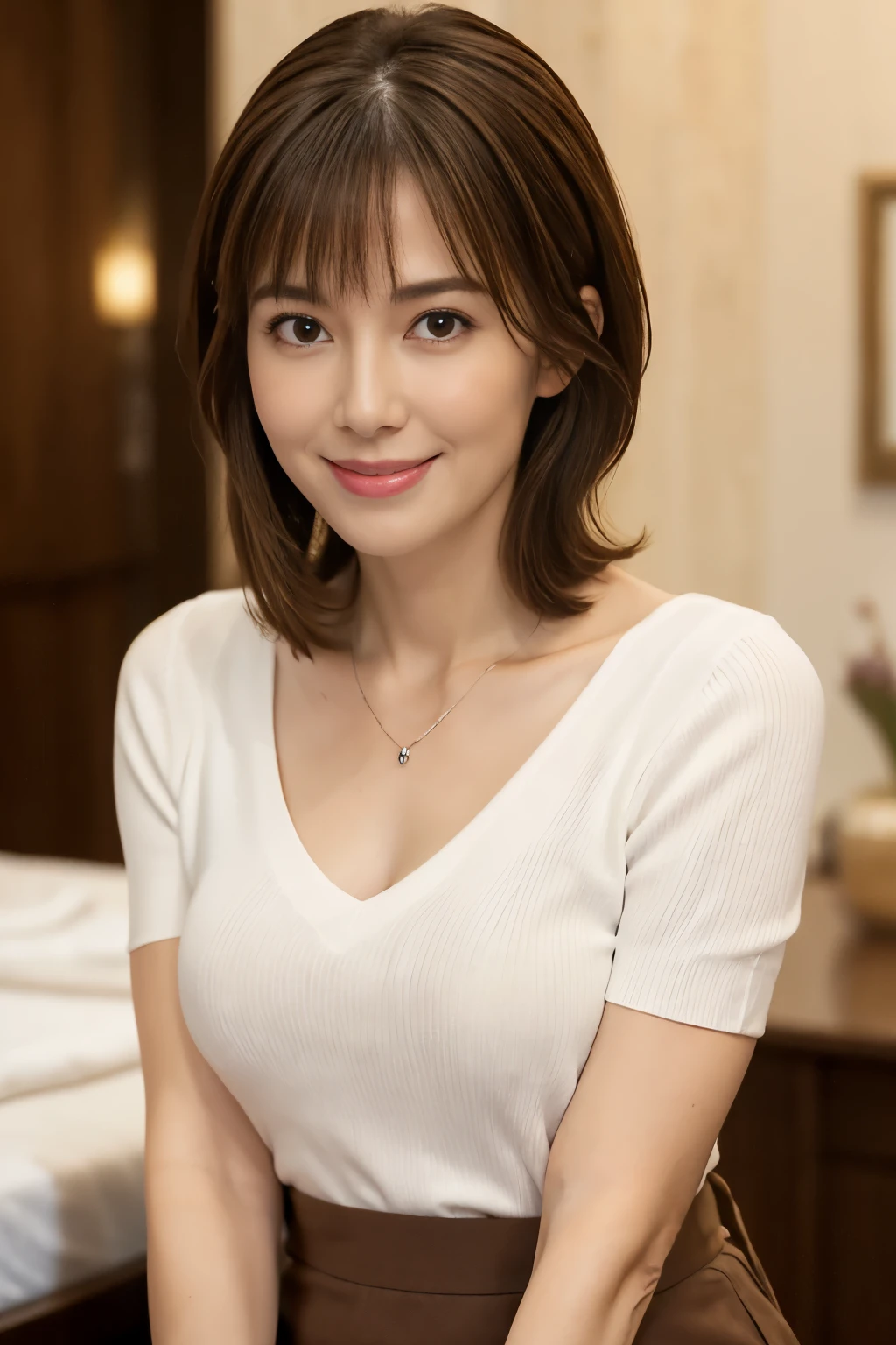 Realistic, Tabletop, Highest quality, RAW Photos, Face Focus, elegant, (One Woman), 28 years old, (A loose white V-neck knit), (Deep brown tight skirt), (Brown Hair), (bangs), (Straight hair), (short hair), (Look up at the camera), Beautiful Face, (Fearless Smile), (Shapely bust),Cleavage, Perfect Anatomy, Perfect balance, Detailed human body