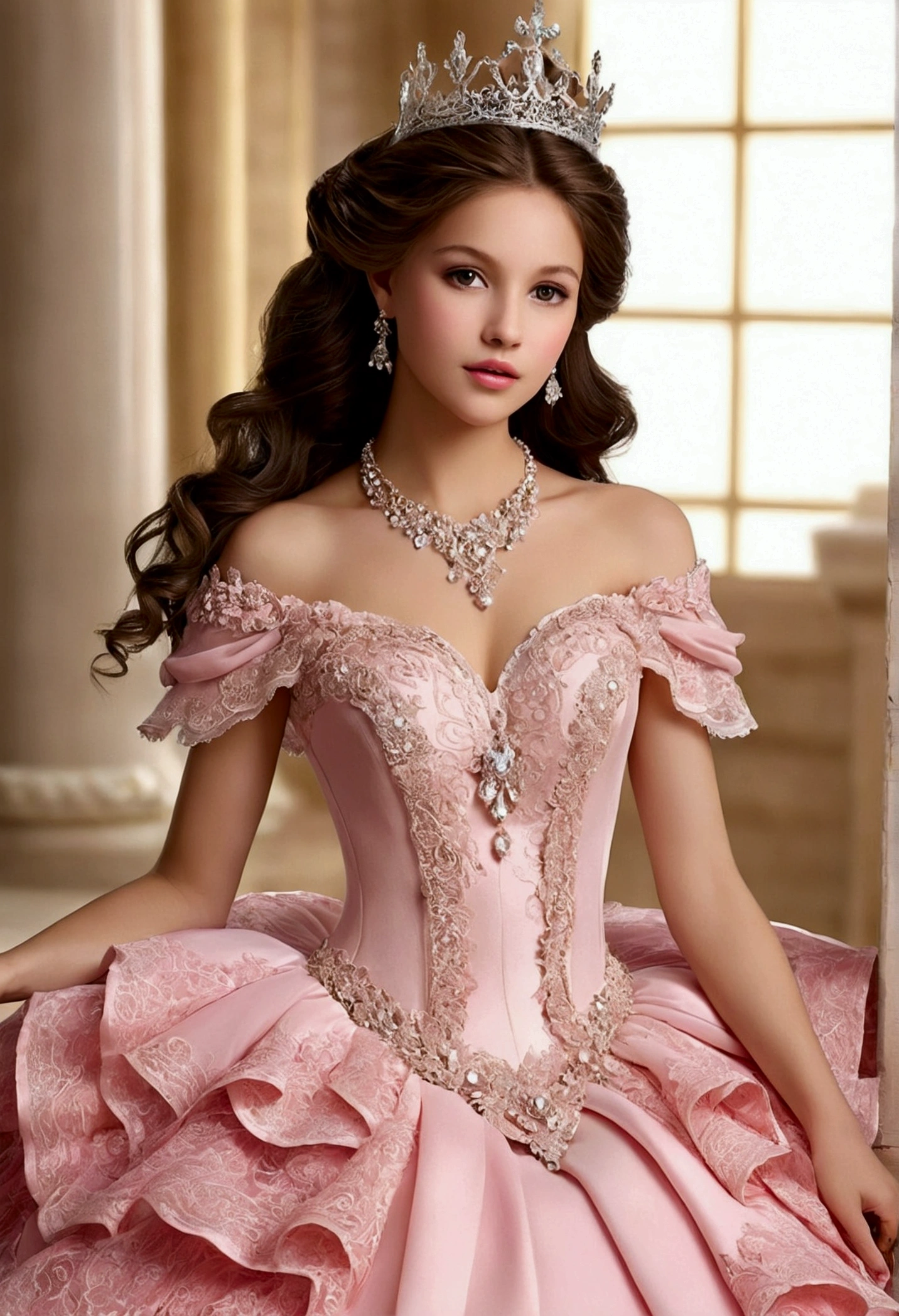 I would like an elaborate image with a gorgeous princess style theme.. Please include a central figure, a princess adorned in a luxurious dress with layers of ruffles and lace, PINK COLOR. The dress should feature intricate patterns and be adorned with sparkling gems and delicate beads.. She should wear a splendid crown., showcasing sparkling jewelry and intricate metalwork.