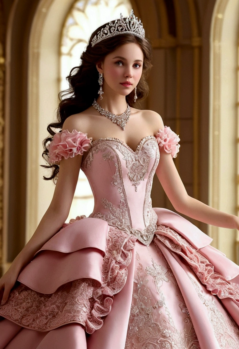 I would like an elaborate image with a gorgeous princess style theme.. Please include a central figure, a princess adorned in a luxurious dress with layers of ruffles and lace, PINK COLOR. The dress should feature intricate patterns and be adorned with sparkling gems and delicate beads.. She should wear a splendid crown., showcasing sparkling jewelry and intricate metalwork.