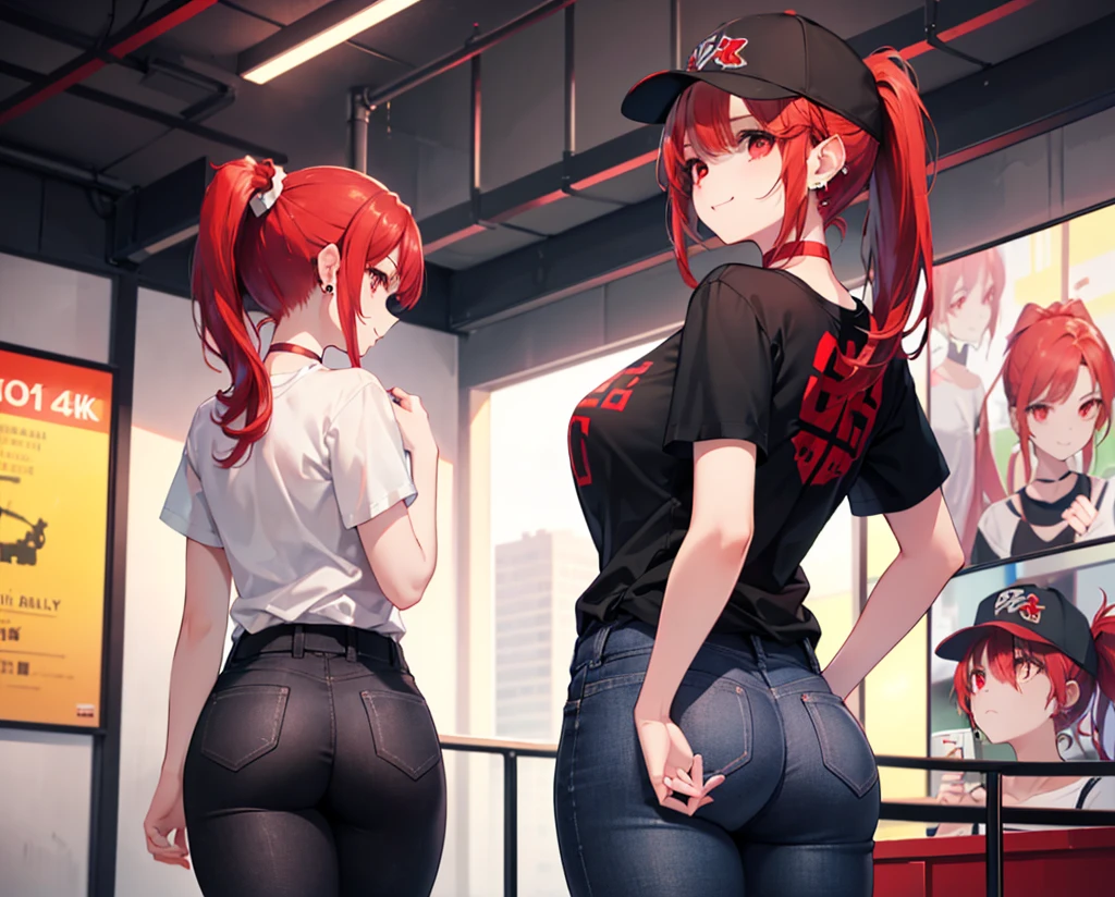 (Close-up:1.3),Realistic,Highest quality, Ultra Detail, High-quality CG rendering, The most delicate and beautiful, Floating softly, High resolution, (1 girl), (Highest quality,4K,8k,masterpiece:1.2),(All red hair:1.5), (ponytail:1.5),(Red eyes:1.5),(Slightly larger breasts:1.2), (Oversized black short sleeve t-shirt:1.3),(Black skinny jeans:1.3),(Black baseball cap:1.3),In the city,old buildings,(Turn your back to your audience:1.3),Butt,Are standing,smile,(Piercing in left ear:1.3),(Black choker:1.3)