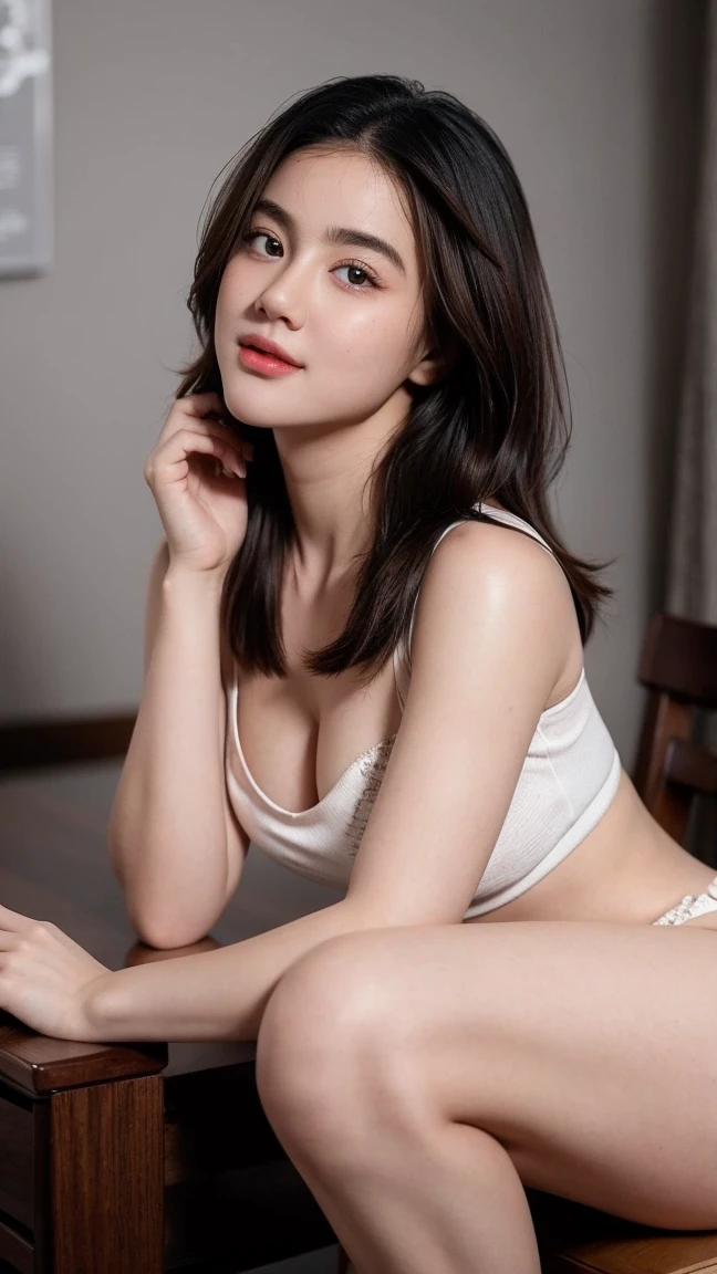 (best quality, ultra-detailed, realistic:1.27), no having clothes,having massive h-cups,professional, foot on chair ,beautiful detailed eyes, beautiful detailed lips, detailed facial features, natural skin tones, perfect skin texture, delicate facial expressions, image in high resolution, full waist up pose , upper knees pose ,realistic face, realistic skin, plain face, natural smile, highly detailed hair, (Nuka), young 18 yo,gym background (an sexy seductive lady escorts style )
