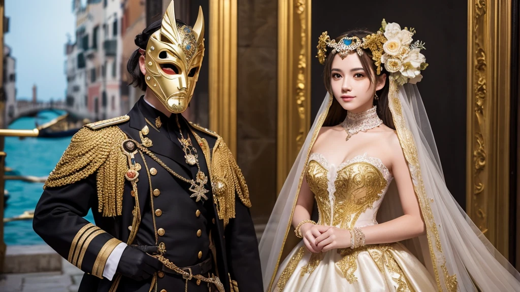 2 women((whole body, Happy)), masterpiece, Highest quality, Very detailed, One of them has a Venetian mask on his face.,Cool military dress cosplay,Two people standing close together,
