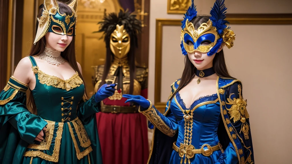 2 women((whole body, Happy)), masterpiece, Highest quality, Very detailed, One of them has a Venetian mask on his face.，Cool military dress cosplay，Two people standing close together，