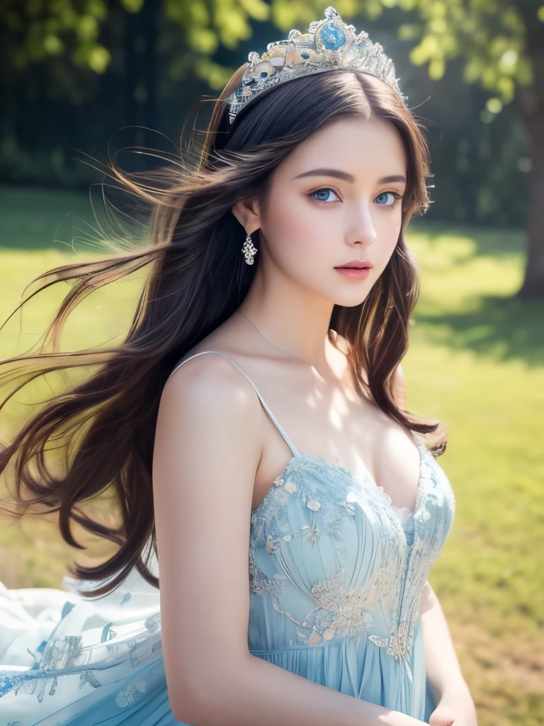 A beautiful young princess with dark hair and blue eyes, (Ice blue eyes), whole body, Soft skin texture,Soft and fluffy lips, Ultra high definition,High resolution,8k Raw Photo:1.5, She is wearing a beautiful long white dress, Elegant full-bodied, Fresh air, Soft sunshine, 