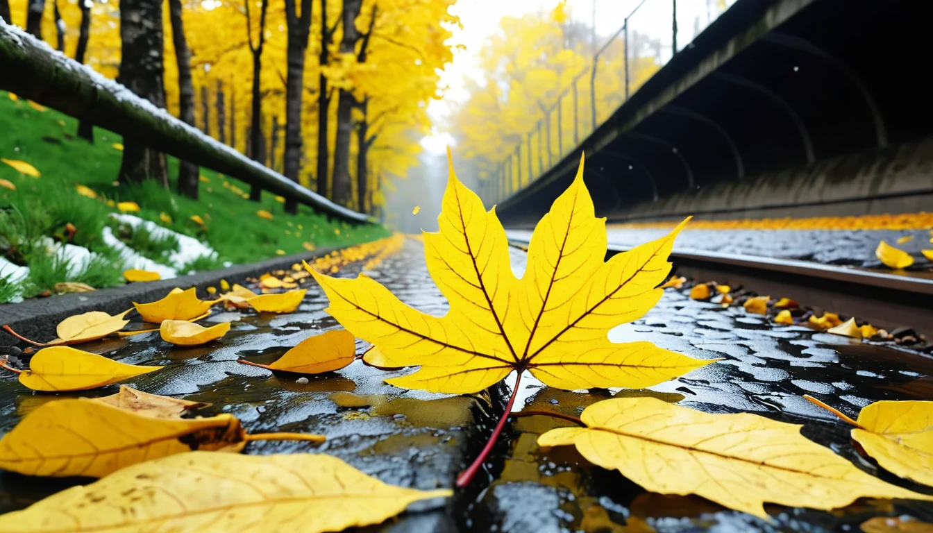 (Lemon Yellow gradation leaves),(winter leaves), (half withered),(inside the tunnel),magical round leaves leaves falling, snow is falling thinly,nature documentry footage, youtube video screenshot, today's featured photography 4k, autumn rain turkel, nature photography 4k, May, cinematic widescreen shot, leaves and magic, high quality screenshot, 2 0 2 1 cinematic 4 k framegrab, wide screenshot