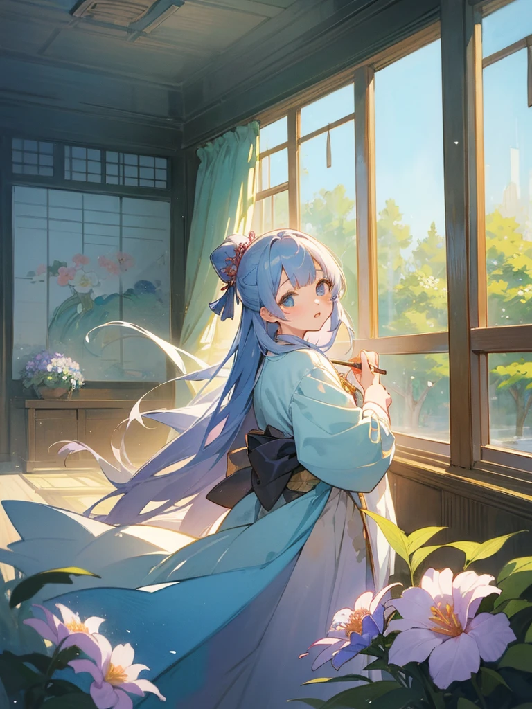 Anime illustration、masterpiece、high quality、girl、Wear a yukata、Drawing a picture、Watercolor Flower Painting、All around is paint、There is a pencil case、The room has a folding screen.、Paintings from the Heian period、Long hair light blue、Decorating with lilies、Summer morning light coming through the window、The room is Japanese style