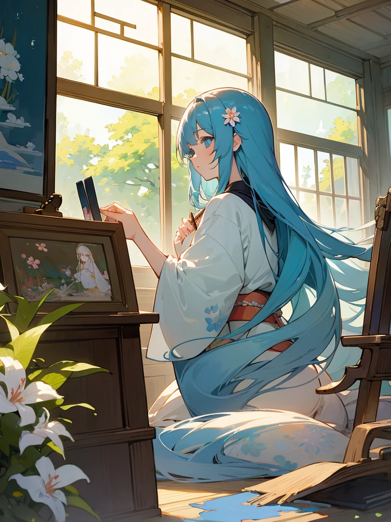 Anime illustration、masterpiece、high quality、girl、Wear a yukata、Drawing a picture、Watercolor Flower Painting、All around is paint、There is a pencil case、The room has a folding screen.、Paintings from the Heian period、Long hair light blue、Decorating with lilies、Summer morning light coming through the window、The room is Japanese style