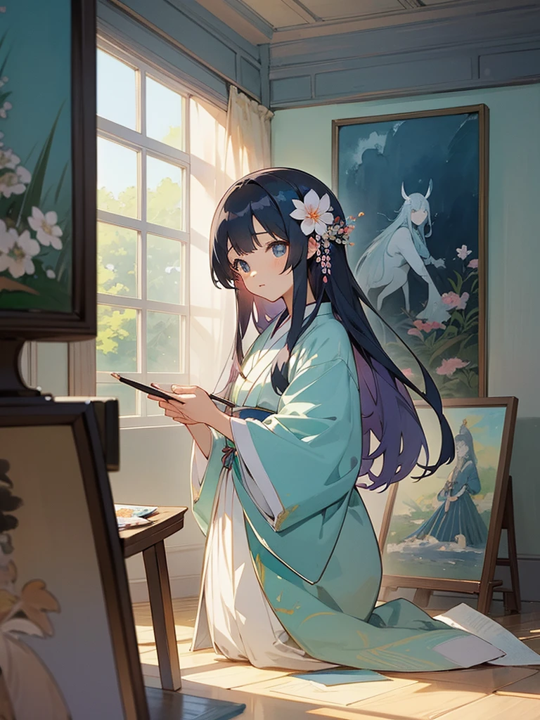 Anime illustration、masterpiece、high quality、girl、Wear a yukata、Drawing a picture、Watercolor Flower Painting、All around is paint、There is a pencil case、The room has a folding screen.、Paintings from the Heian period、Long hair light blue、Decorating with lilies、Summer morning light coming through the window、The room is Japanese style