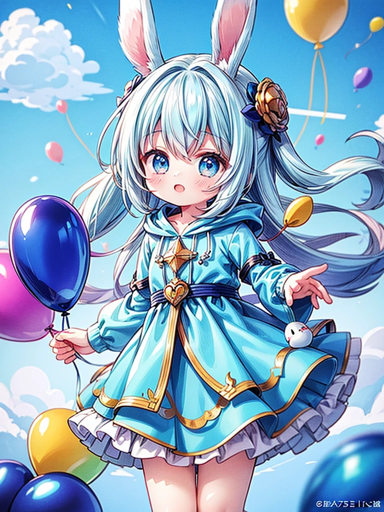 Highest quality、masterpiece、Official Art、16K、Super Fine、so beautiful、Ultra-fine、small、cute、Fly in the blue sky with lots of balloons、Blue costume with hood and rabbit ears、A world of soft and gentle pastel colors、anime