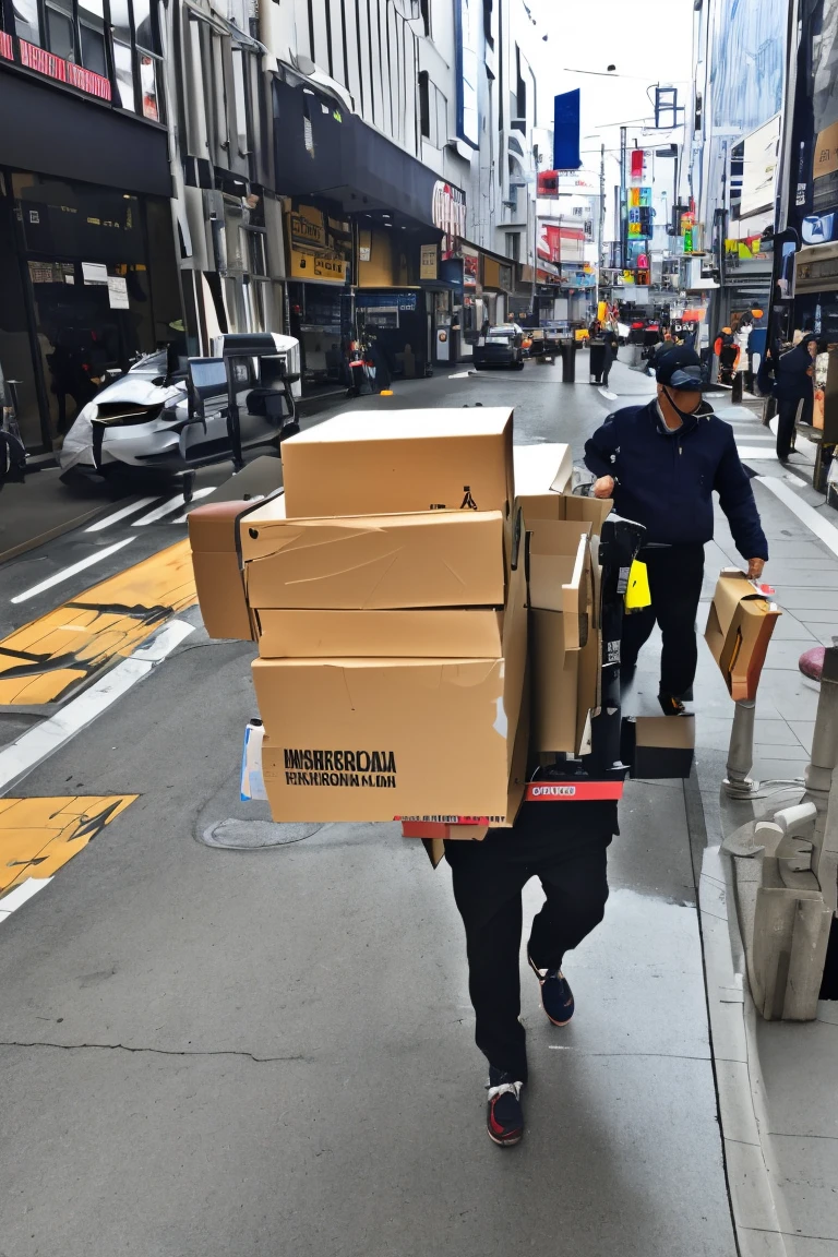 A delivery man is carrying a package on a cart、In town、Shibuya　24k highest quality、masterpiece