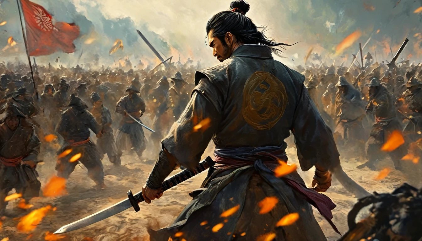 a samurai standing in foreground showing his back holding katana and watching towars the village burning and few people are inside the cages, the atmosphere is dark and scary, the tone is orange