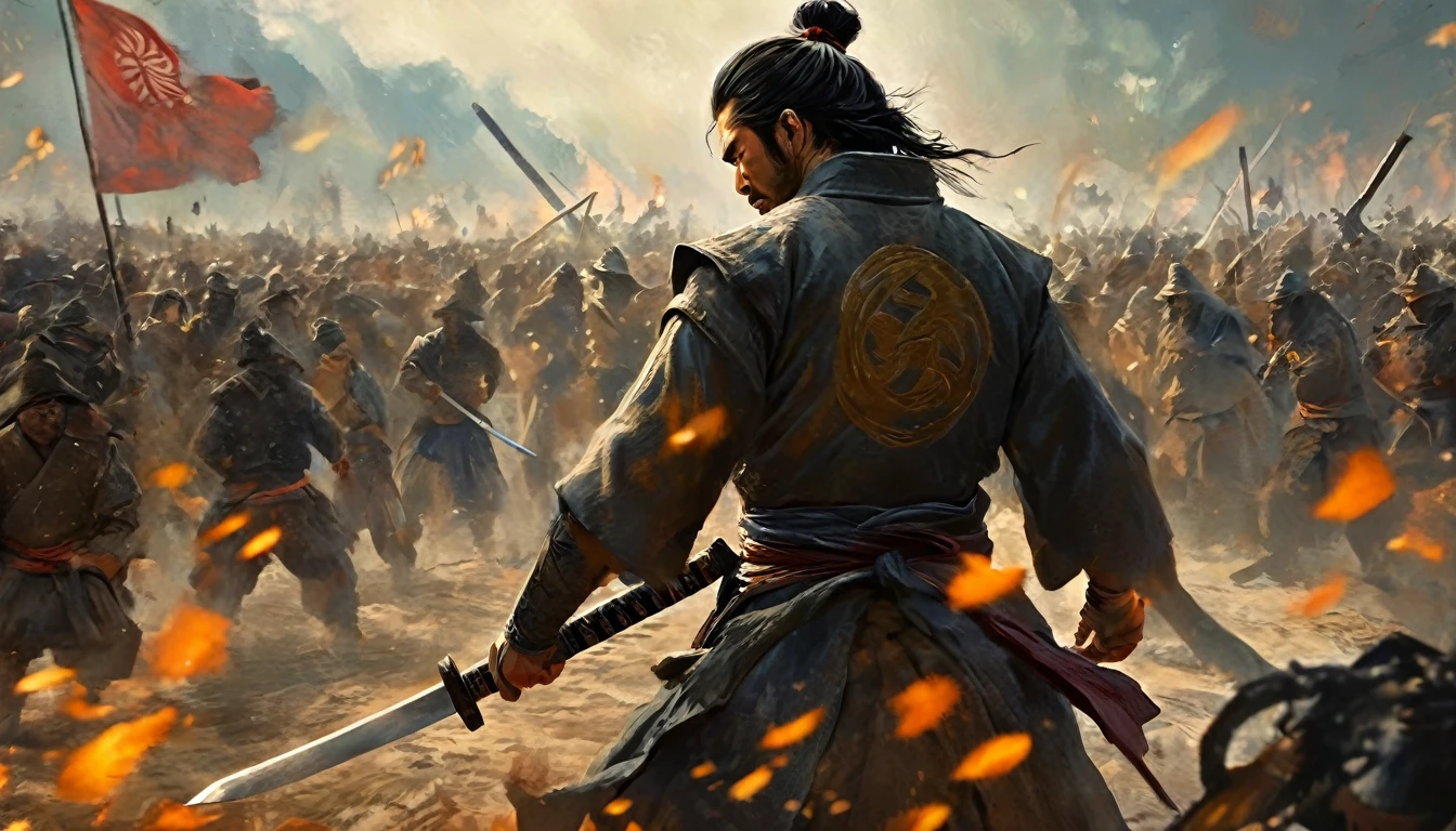 a samurai standing in foreground showing his back holding katana and watching towars the village burning and few people are inside the cages, the atmosphere is dark and scary, the tone is orange