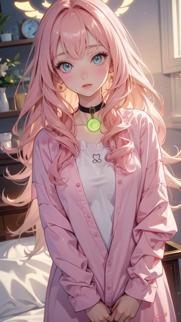 adult woman; long hair, pretty and pink, curly hair; light yellow eyes, angelic and beautiful face with flushed cheeks, rosto ultra detaild; wearing cute light green kigurumi pajamas, wearing a choker; best qualityer, ultra detaild, best resolution, 4K, soft strokes, role model, work of art, closes; dimly lit room in the background