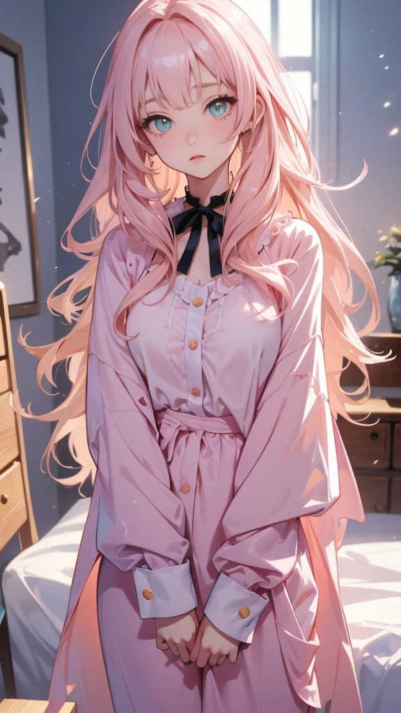 adult woman; long hair, pretty and pink, curly hair; light yellow eyes, angelic and beautiful face with flushed cheeks, rosto ultra detaild; wearing cute light green kigurumi pajamas, wearing a choker; best qualityer, ultra detaild, best resolution, 4K, soft strokes, role model, work of art, closes; dimly lit room in the background