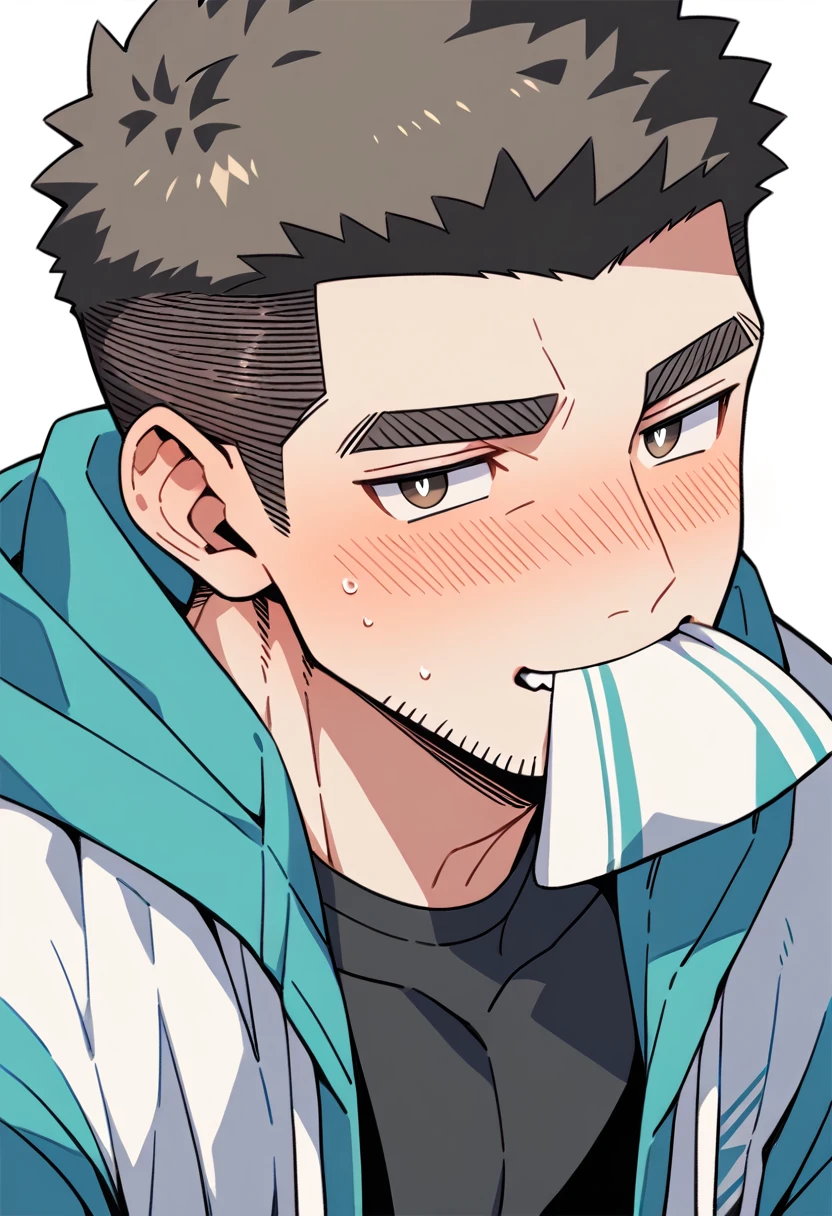 anime characters:Muscle movers, Muscle Sports Student, Manliness, male focus, Sports tight hooded sweatshirt, Very tight, full and perky chest muscles, muscular male, muscular, only, Upper body, alone, Black short hair, Thick eyebrows, stubble, Brown-red pupils, White background, simple background, amazing quality, best aesthetics, Ridiculous, crew cut, blush, mouth hold, Mouth biting a white towel, embarrassed, shy, endured face, negative space, best quality