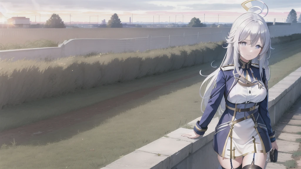 (masterpiece, best quality:1.2), highres,
(1girl),Vladilena,lenaface,white thighhighs, garter straps, grey eyes, breasts, sky, looking at viewer, white hair,outdoors, boots, military, blue jacket, cloud, medium breasts, long sleeves, jacket, military uniform,antenna hair, hair between eyes, closed mouth, looking at viewer, portrait, ahoge, light smile, bangs, white hair,
golden hour, glowing sky, warm sunrays, amber hues, serene atmosphere, vanishing point, aged wooden ties, rusted metal rails, gentle breeze, rhythmic clacking of a distant train, silhouettes of trees, tall grasses swaying, nostalgic ambiance, quiet contemplation, connection between past and present, timeless beauty,