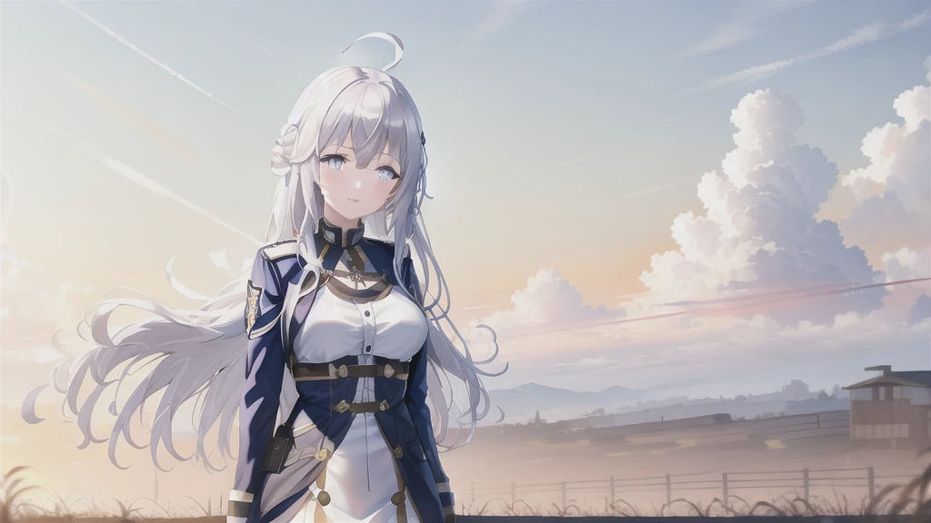 (masterpiece, best quality:1.2), highres, 
(1girl),Vladilena,lenaface,white thighhighs, garter straps, grey eyes, breasts, sky, looking at viewer, white hair,outdoors, boots, military, blue jacket, cloud, medium breasts, long sleeves, jacket, military uniform,antenna hair, hair between eyes, closed mouth, looking at viewer, portrait, ahoge, light smile, bangs, white hair,
golden hour, glowing sky, warm sunrays, amber hues, serene atmosphere, vanishing point, aged wooden ties, rusted metal rails, gentle breeze, rhythmic clacking of a distant train, silhouettes of trees, tall grasses swaying, nostalgic ambiance, quiet contemplation, connection between past and present, timeless beauty,
