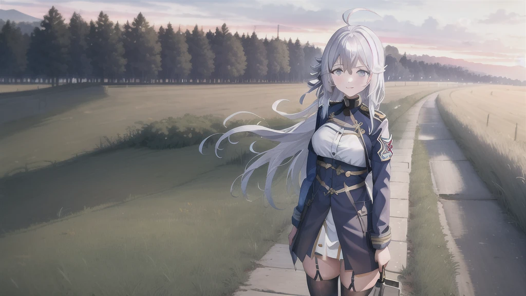 (masterpiece, best quality:1.2), highres, 
(1girl),Vladilena,lenaface,white thighhighs, garter straps, grey eyes, breasts, sky, looking at viewer, white hair,outdoors, boots, military, blue jacket, cloud, medium breasts, long sleeves, jacket, military uniform,antenna hair, hair between eyes, closed mouth, looking at viewer, portrait, ahoge, light smile, bangs, white hair,
golden hour, glowing sky, warm sunrays, amber hues, serene atmosphere, vanishing point, aged wooden ties, rusted metal rails, gentle breeze, rhythmic clacking of a distant train, silhouettes of trees, tall grasses swaying, nostalgic ambiance, quiet contemplation, connection between past and present, timeless beauty,
