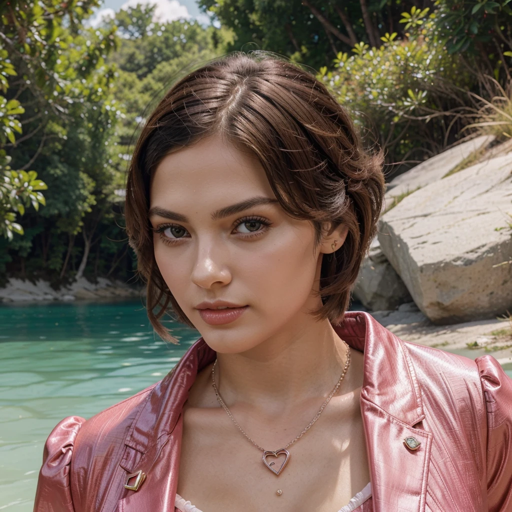 Generate me one of the most beautiful women in the world ,with a wonderful haircut,a very original and very detailed face, a magnificent pink outfit from the Prada brand as well as magnificent Prada jewelry all in a lake background
