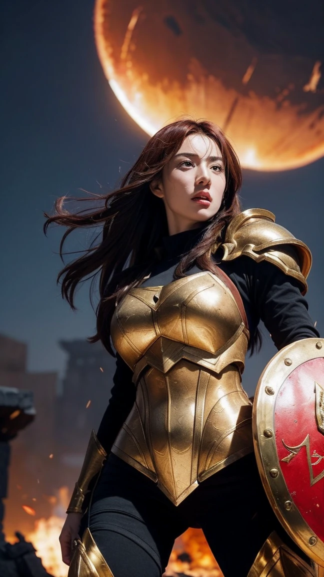 Create an image of Leona from League of Legends by Riot Games in her Battle Queen skin, massive g-cups,dressed in a regal black and red armor with sharp and imposing details, wielding a massive shield and sword; she is activating her 'Eclipse' ability, covering herself in a brilliant golden shield, with an ancient battlefield background featuring ruins and blazing fires.