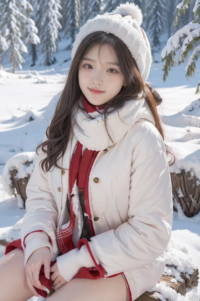 A beautiful girl,long hair slightly curly,(sexy emotion), (sexy smile), horny, Wearing a white cotton jacket,Wearing a red plush hat,wearing red scarf,(sitting on the snow), (sexy posed), There are pine forests on both sides of the snow field,In the distance is the house,medium shot,(top-bottom view), best quality, masterpiece, ultra high resolution