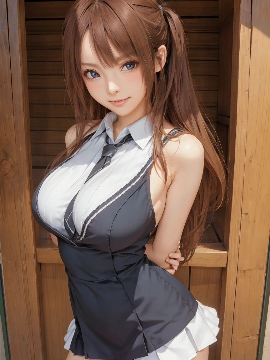 masutepiece, Best Quality, Photorealsitic, finely detail, hight resolution, 8K Wallpapers, Perfect dynamic composition, 1girl, Beautiful detailed eyes, large full breasts, cury body, Bring your chest together、(high , miniskirt)、(Breast bulge 1.2)、A smile, eyeshadow, open open mouth、Resort scenery、20years old、(Drooping eyes 1.4)、Adult beauty, (((arms behind back))), upper body