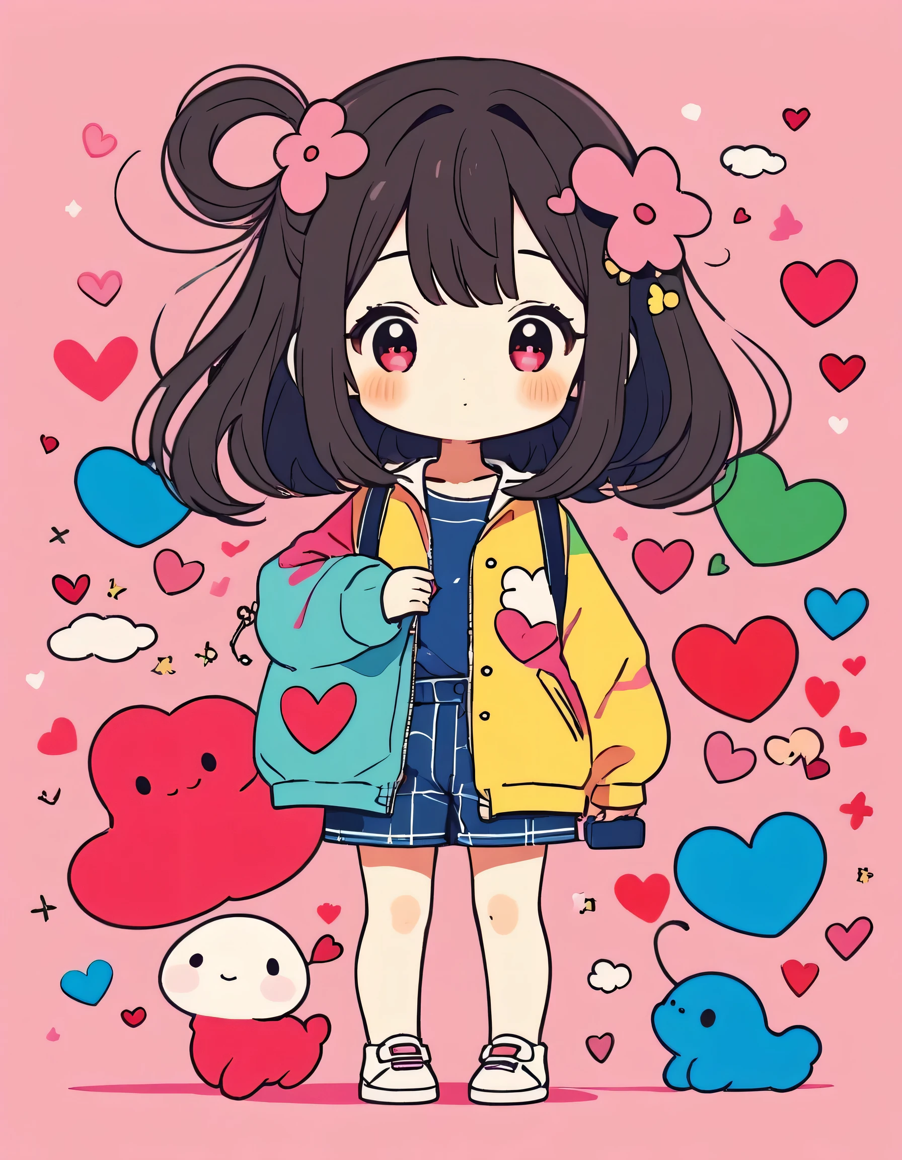Momoko Sakura colorful style, Simple Line Initialism,Abstract art,Kawaii Design, The most beautiful girl of all time、chibi, (((Cute pillbugs))), colorful hearts, summer version