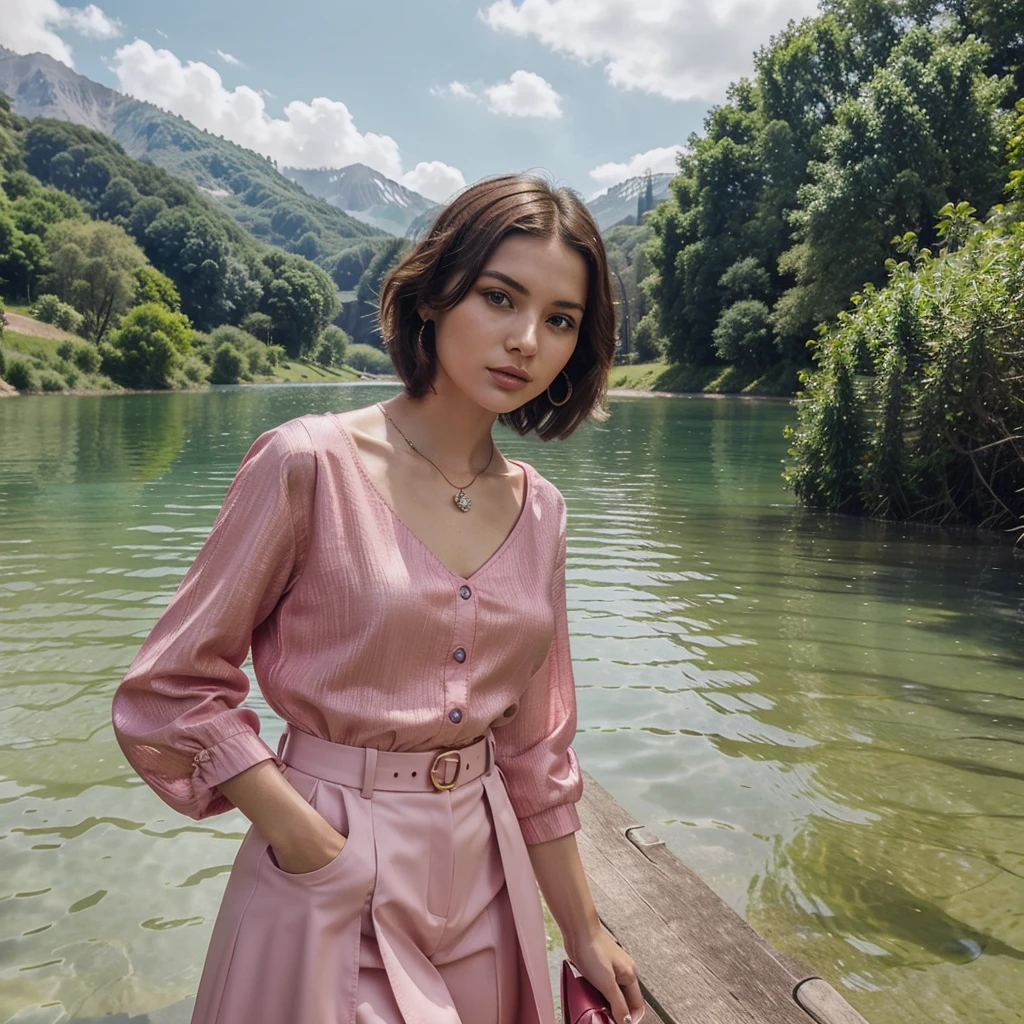 Generate me one of the most beautiful women in the world ,with a wonderful haircut,a very original and very detailed face, a magnificent pink outfit from the Prada brand as well as magnificent Prada jewelry all in a lake background 