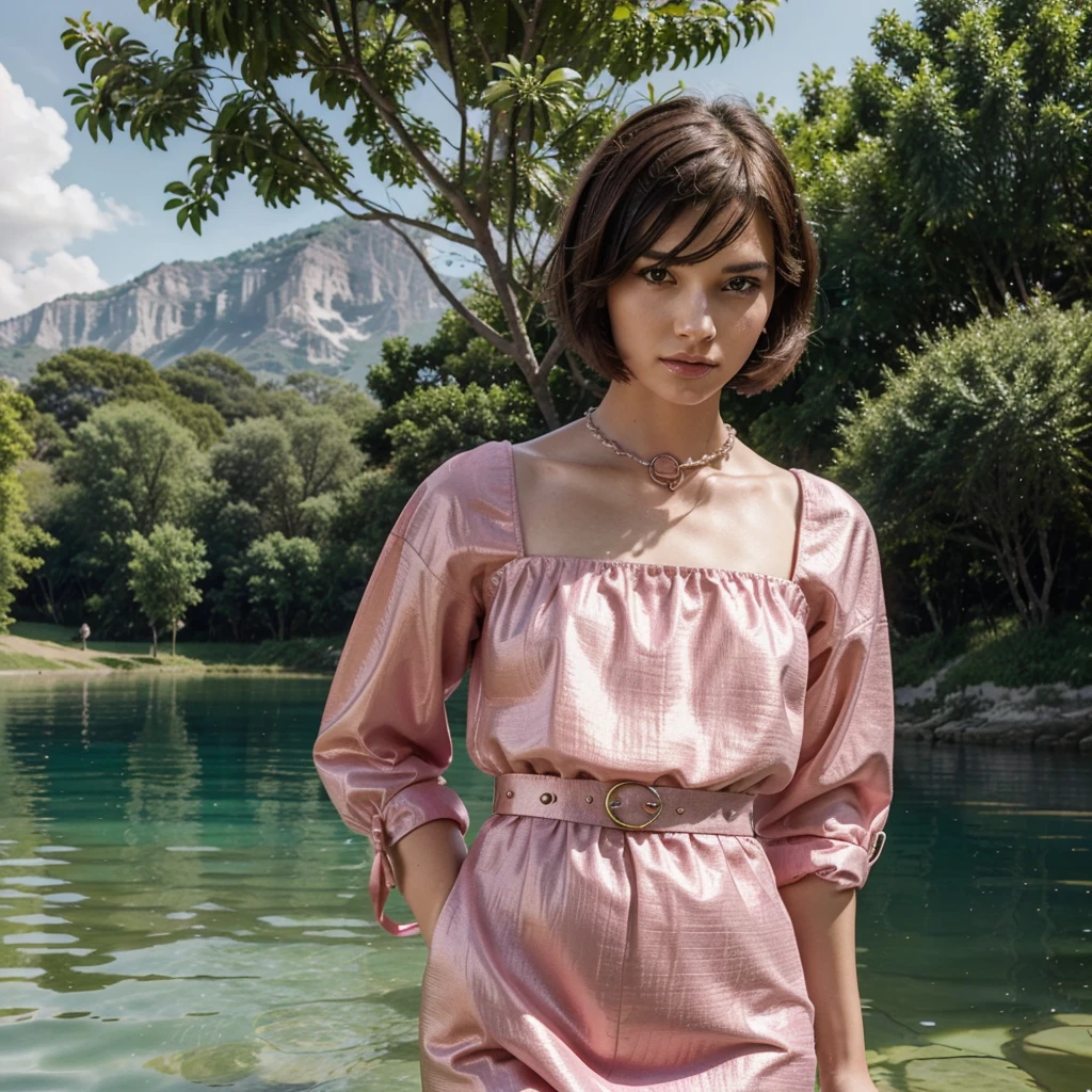 Generate me one of the most beautiful women in the world ,with a wonderful haircut,a very original and very detailed face, a magnificent pink outfit from the Prada brand as well as magnificent Prada jewelry all in a lake background
