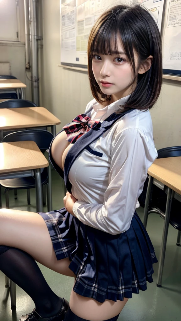 masterpiece, best quality, illustration, Super detailed, fine details, High resolution, 8K,wall paper, perfect dynamic composition,(Details High quality, realistic depiction of eyes:1.3), from side, High School Classroom、High school girl uniform、blazer 、Super Short Check Uniform Skirt、Navy blue high socks、garterbelts、Colossal tits、Disturbed uniform, short bob hair, black hair color, large breasts, Big Natural Color Lip, bold sexy pose, (perfect body shape), crying a little、cold gaze, Thai style、20 year old girl、cute type, beautiful legs, hposing Gravure Idol, Voluptuous thighs