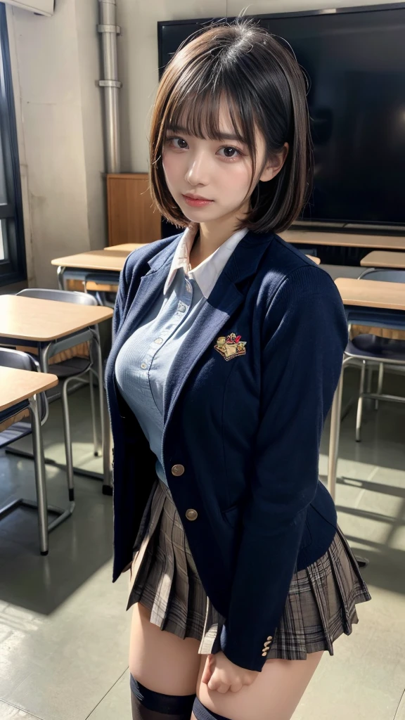 masterpiece, best quality, illustration, Super detailed, fine details, High resolution, 8K,wall paper, perfect dynamic composition,(Details High quality, realistic depiction of eyes:1.3), from side, High School Classroom、High school girl uniform、blazer 、Super Short Check Uniform Skirt、Navy blue high socks、garterbelts、Colossal tits、Disturbed uniform, short bob hair, black hair color, large breasts, Big Natural Color Lip, bold sexy pose, (perfect body shape), crying a little、cold gaze, Thai style、20 year old girl、cute type, beautiful legs, hposing Gravure Idol, Voluptuous thighs