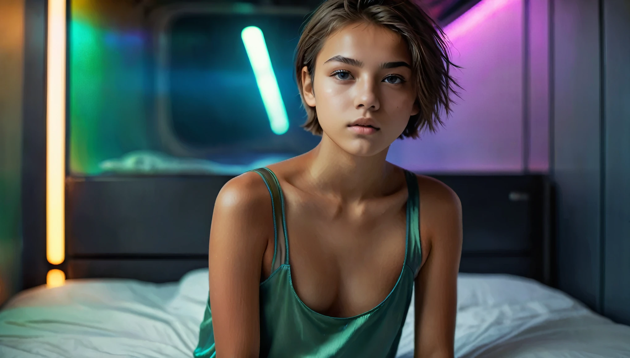 Top Quality, Masterpiece, High Resolution, 8k, wide objective, ((r)), ((15 Yearnned Skin Tone), ((girl in sheer silky oversized Tank Top, side boob, wide neckline, deep neckline)), ((bare belly, small perky breasts, detailed face, detailed eyes, thin eyebrow, detailed lips, small hips, no makeup, some tattoos)), (Tomboy Style, tomboyish), (randowm short hair style, straight hair, short pixie cut hair), (((in a spaceship on the bed, moody atmosphere, dim light, dramatic and neon colors, futuristic setting, intricate details, at night, random pose, neon colors))), full body view