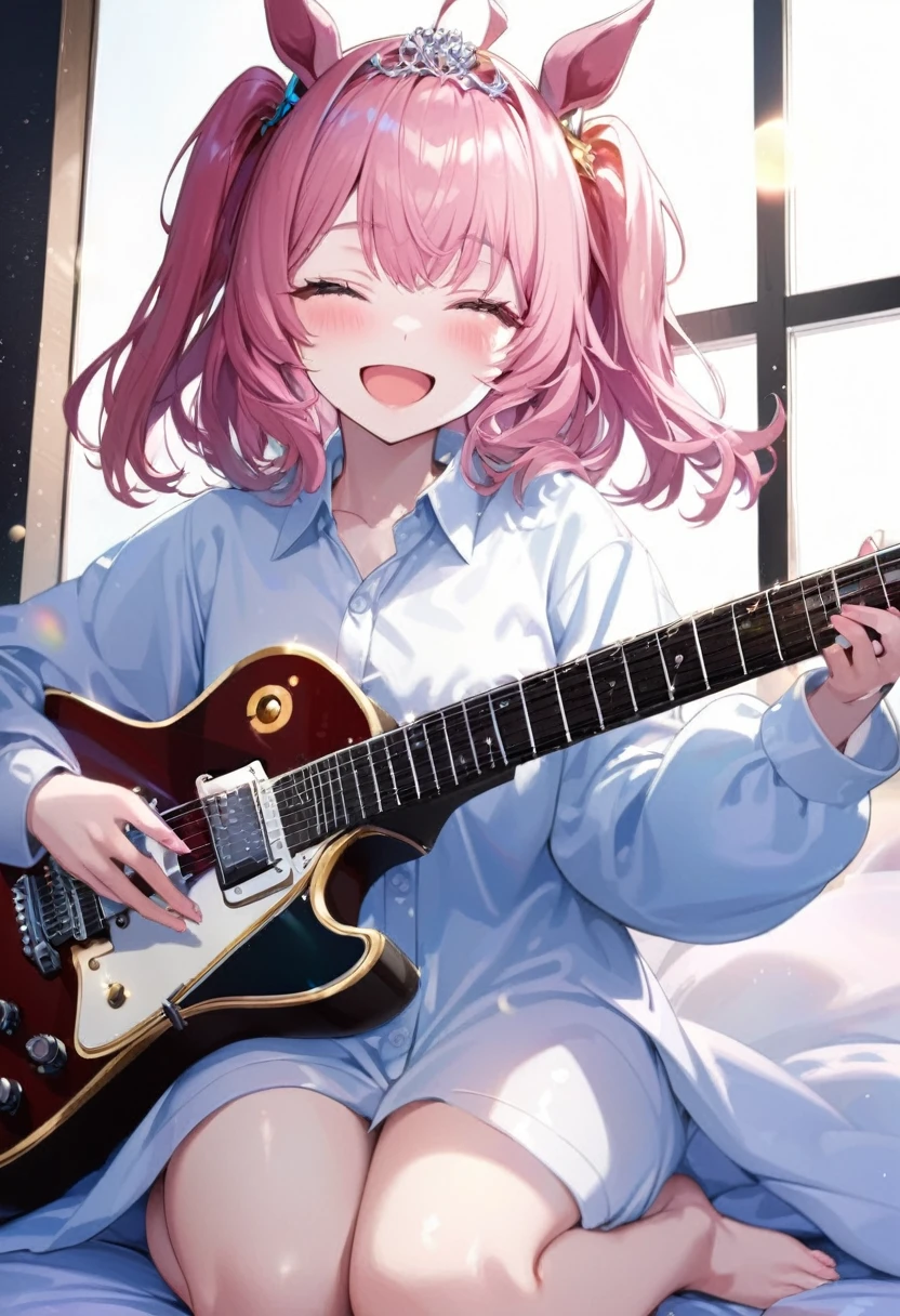 1girl, solo, thigh,
masterpiece, (best quality:1.4), high quality, (ultra detailed:1.4), detailed, hyper detailed, insanely detailed, 4K, 8K, highres, super fine Illustration, (bokeh), white background, powder lighting,
1girl, solo, (light particles), sparkling glitter,
floating hair, duch angle, lens flare,
(with guitar:1.4), (playing guitar:1.4), from below, morning hour, blush, open mouth, smile, sunrise, shiny, heart pillow, white window, blue sky, white room, white bed, white shirt, pink hair, twintails, horse ears, shiny skin, shiny hair,
