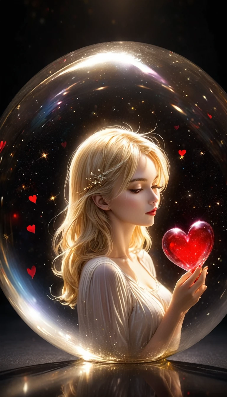 In a golden transparent glass bubble, Dark Star Background, Beautiful blonde 30 year old angel with a red heart, k resolution super detailed