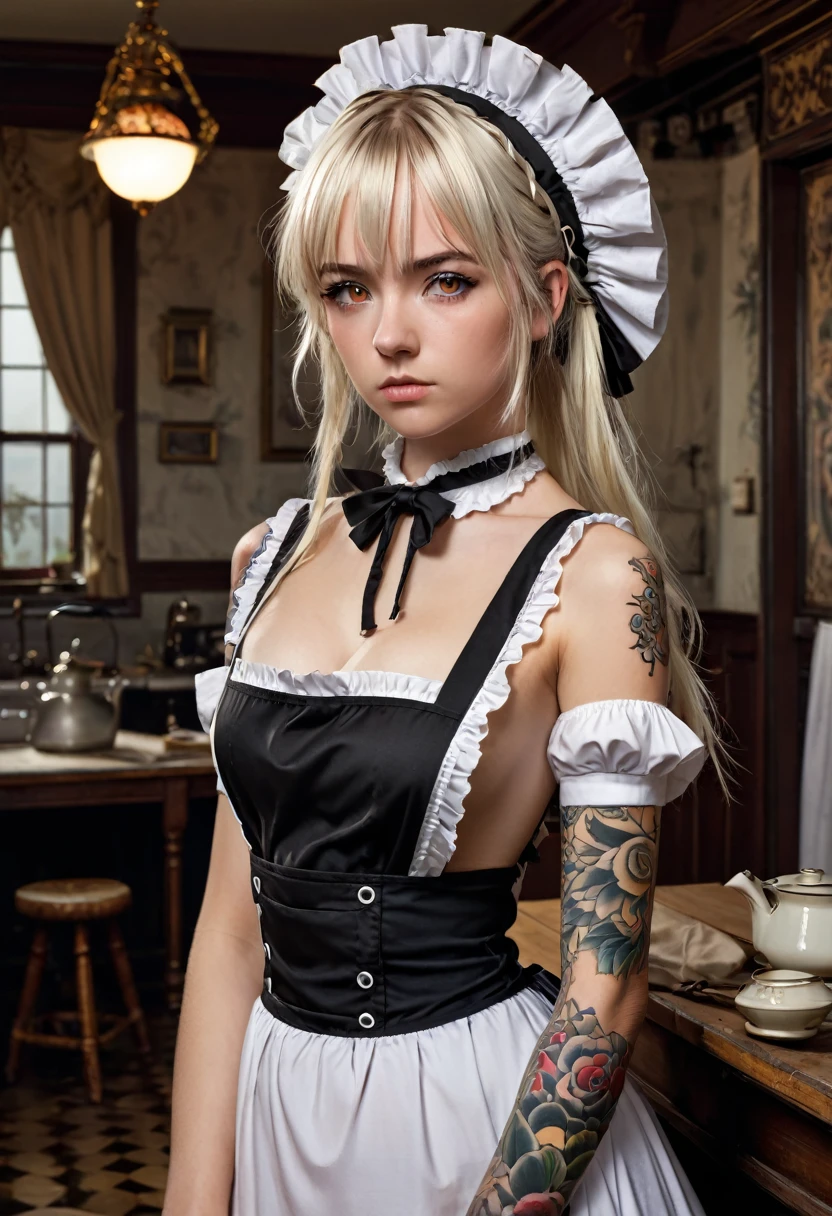 masterpiece, Highest quality, Very detailed, High resolution, High resolution,, Joe Bitt, What is, I'm not feeling well,, 1 girl, , bangs, Expose your shoulders, chest, Brown eyes, Clamp (Circle) (style), Platinum Blonde Hair, Very long hair, ear, , Capillary,, Maid, Maid headdress, Maid apron, victorian Maid, Maid dress,, mksks style, Beautiful background, Detailed Background, professional lightning, building, indoor, From Kane ornament, From Kane, From Kane effects,Tied up with rope,Bondage,Constraints,first round,Lock,Full body tattoos,Tattoo,